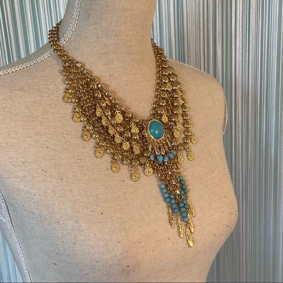 Bebe Gold and Blue Tassle Pendant Necklace NWOT - Picture 4 of 16